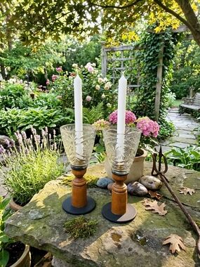 Wood & Glass Taper Candle Holders - Pair (Brown, Clear)